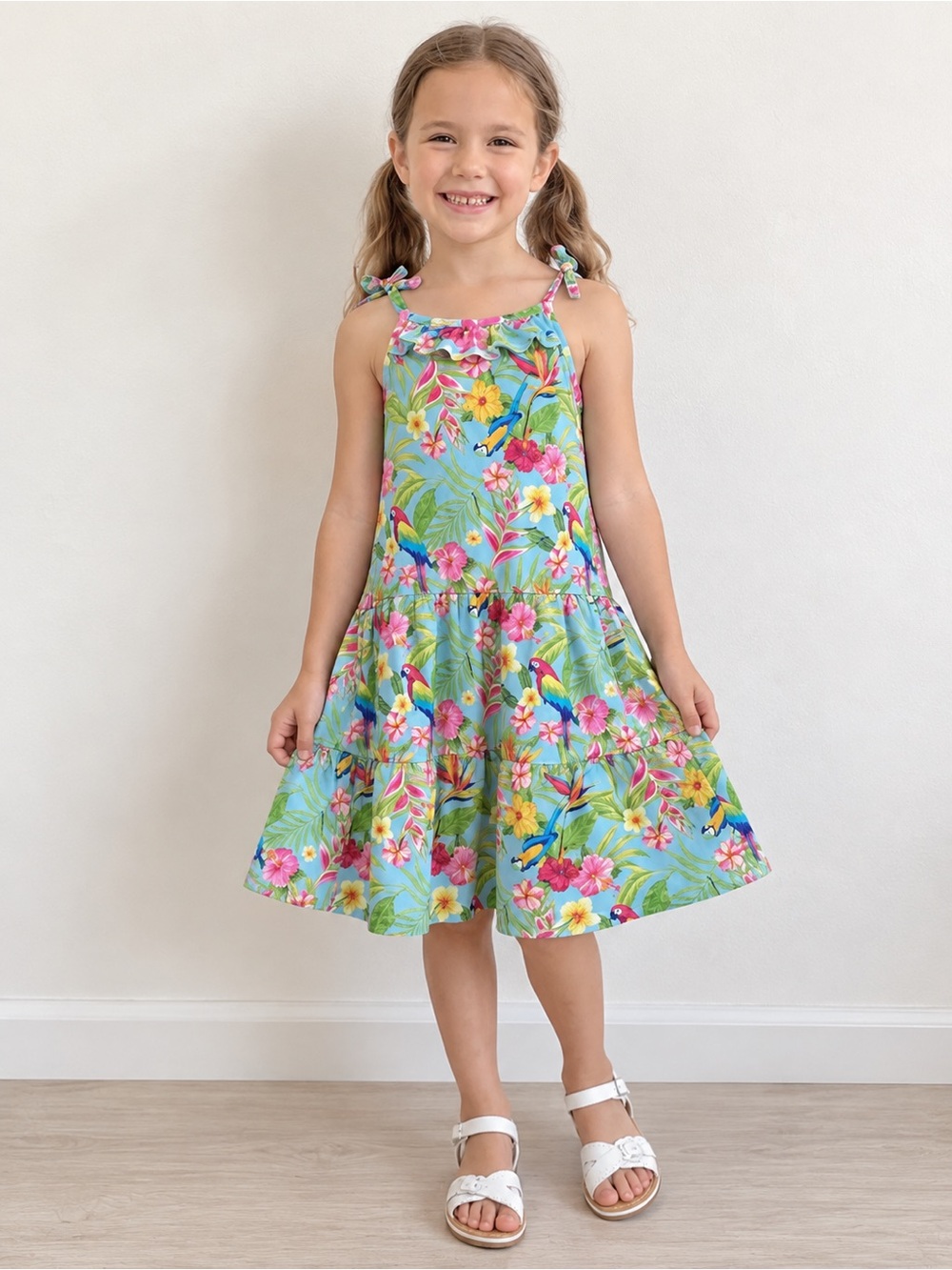Tommy Bahama Girls Tropical h Floral Parrot Tiered Dress Size 7 Ruffle Sundress